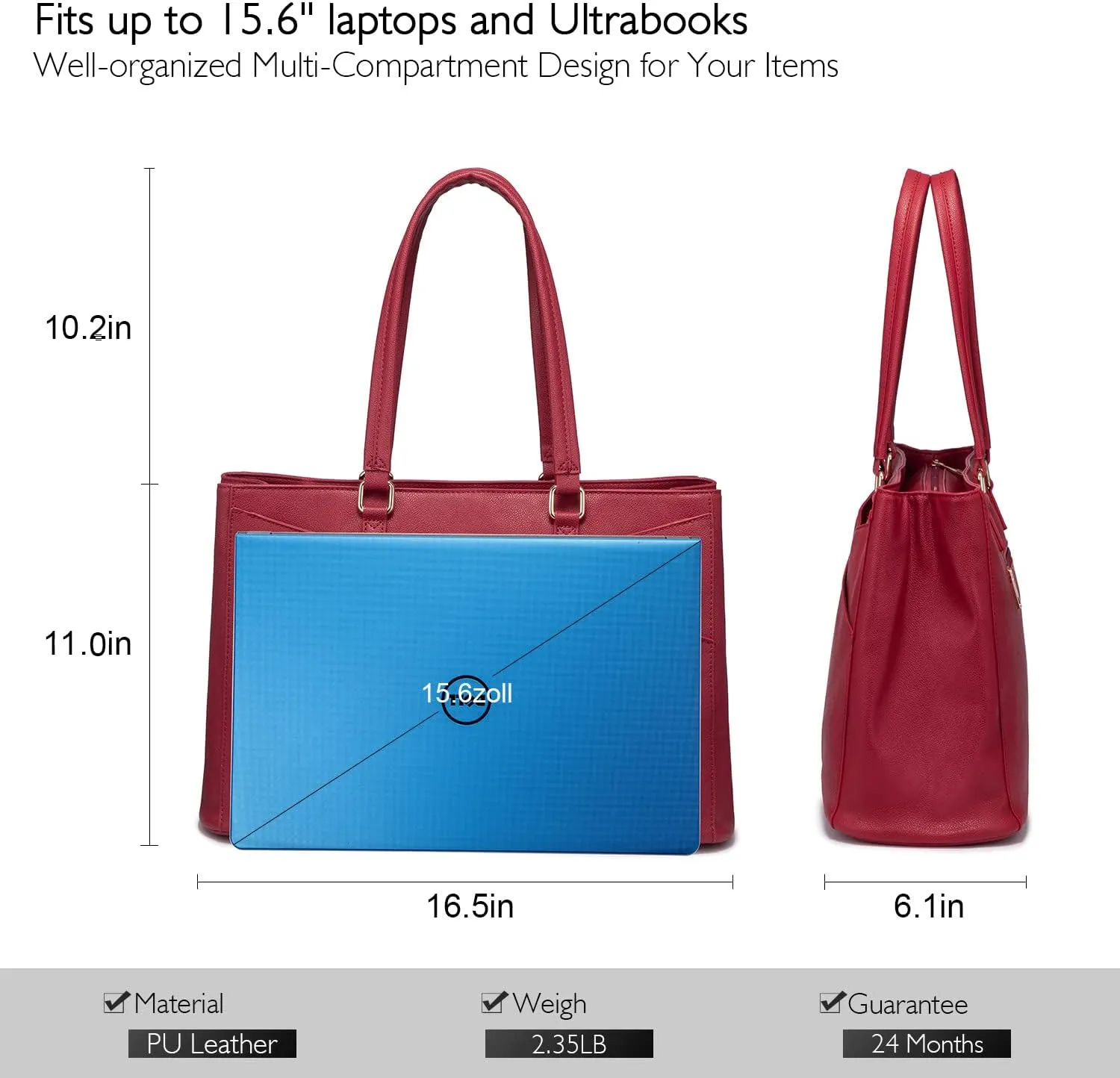 Laptop Tote Bag for Women 15.6 Inch Waterproof Leather Computer Bags Women Business Office Work Bag Briefcase Red