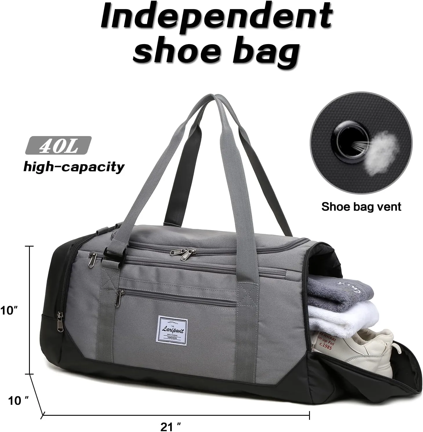 Laripwit Travel Duffle Bag for men 40L Medium Sports Gym Bag with Wet Pocket & Shoes Compartment Weekender Overnight Backpack for Traveling Duffel Bag Backpack for Women, Gray