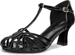 Latin Dance Shoes for Women Ballroom Dance Shoes Women Prom Shoes for Woman Dancing Salsa Dance Shoes for Women T-strap Closed Toe Sandals Women Patent leather