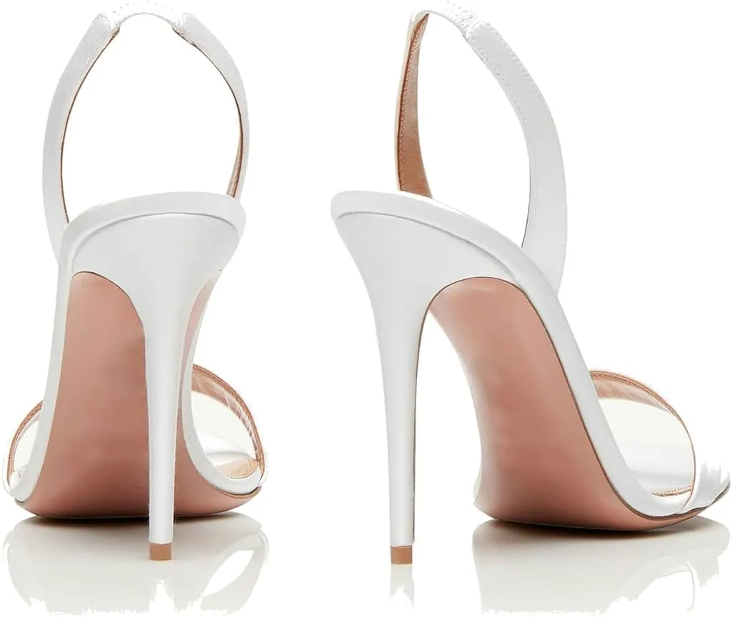 LEHOOR Women Slingback Stiletto Heels Dress Sandals Backless Strappy Heeled Sandal Round Open Toe Formal Sandals 4 Inch High Heel Elastic Ankle Strap Classy Evening Sandals for Wedding Party 4-11 M US