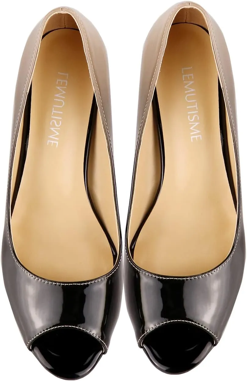 LEMUTISME Women's Patent Leather Sexy Slip On Peep Toe High Heel Dress Pumps Chic Glossy Open Toe Stiletto Heel Platform Sandals