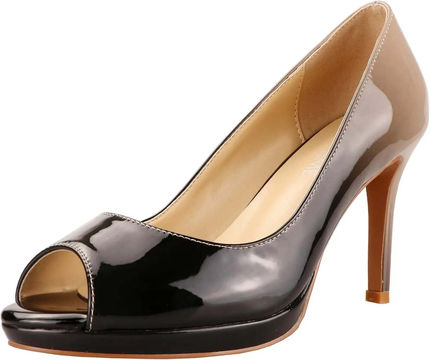 LEMUTISME Women's Patent Leather Sexy Slip On Peep Toe High Heel Dress Pumps Chic Glossy Open Toe Stiletto Heel Platform Sandals