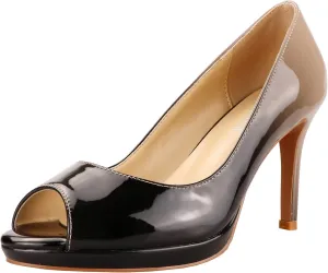 LEMUTISME Women's Patent Leather Sexy Slip On Peep Toe High Heel Dress Pumps Chic Glossy Open Toe Stiletto Heel Platform Sandals