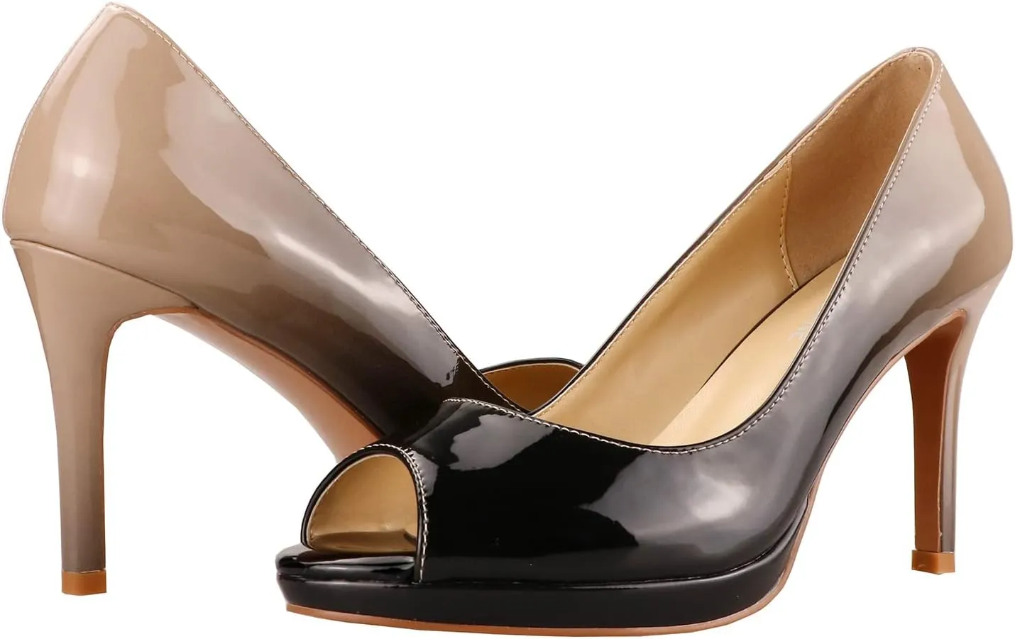 LEMUTISME Women's Patent Leather Sexy Slip On Peep Toe High Heel Dress Pumps Chic Glossy Open Toe Stiletto Heel Platform Sandals