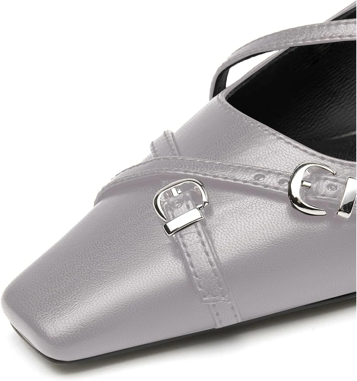 LEMUTISME Women's Stylish Matte Leather Square Toe Buckled Dressy Low Kitten Heel Chic Strappy Slingback Pumps Shoes