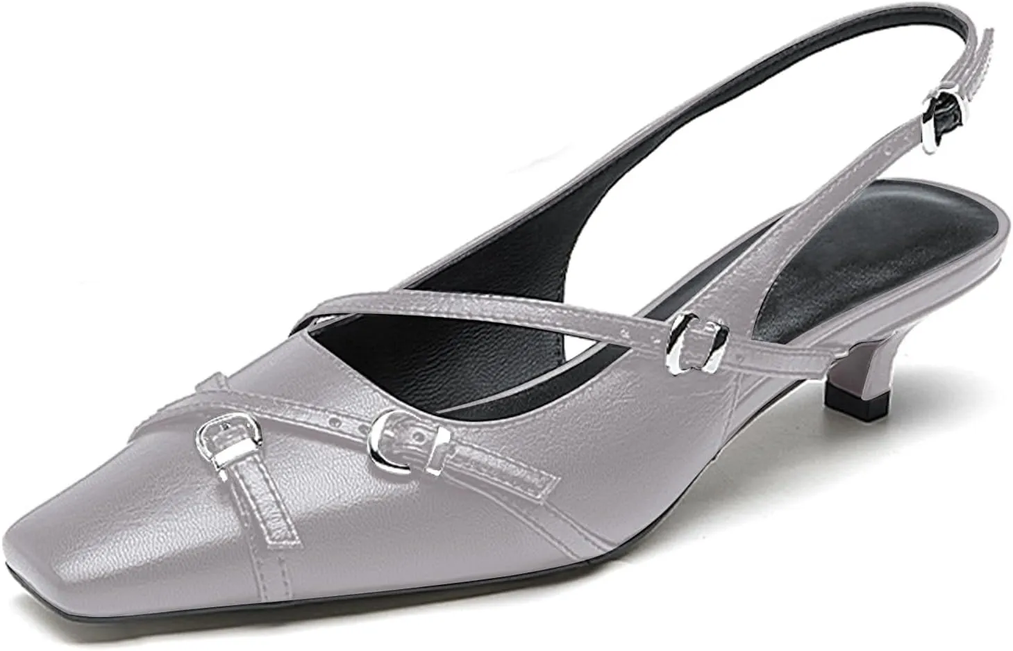 LEMUTISME Women's Stylish Matte Leather Square Toe Buckled Dressy Low Kitten Heel Chic Strappy Slingback Pumps Shoes