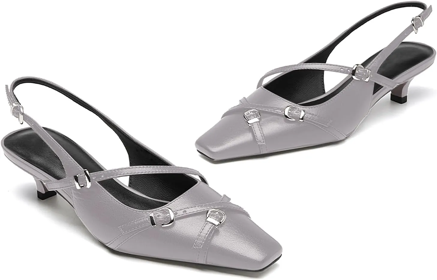 LEMUTISME Women's Stylish Matte Leather Square Toe Buckled Dressy Low Kitten Heel Chic Strappy Slingback Pumps Shoes