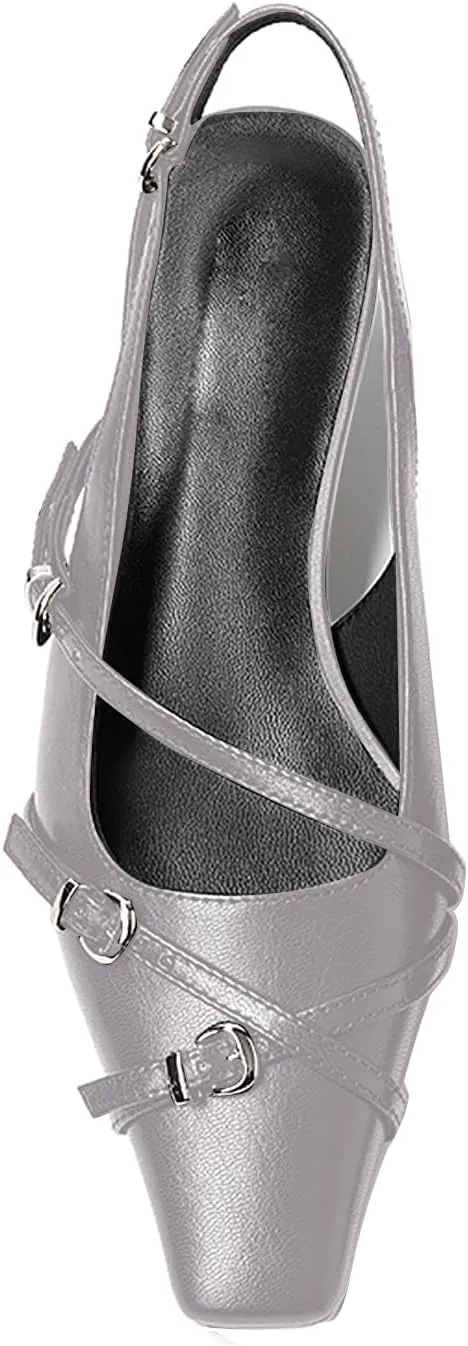 LEMUTISME Women's Stylish Matte Leather Square Toe Buckled Dressy Low Kitten Heel Chic Strappy Slingback Pumps Shoes
