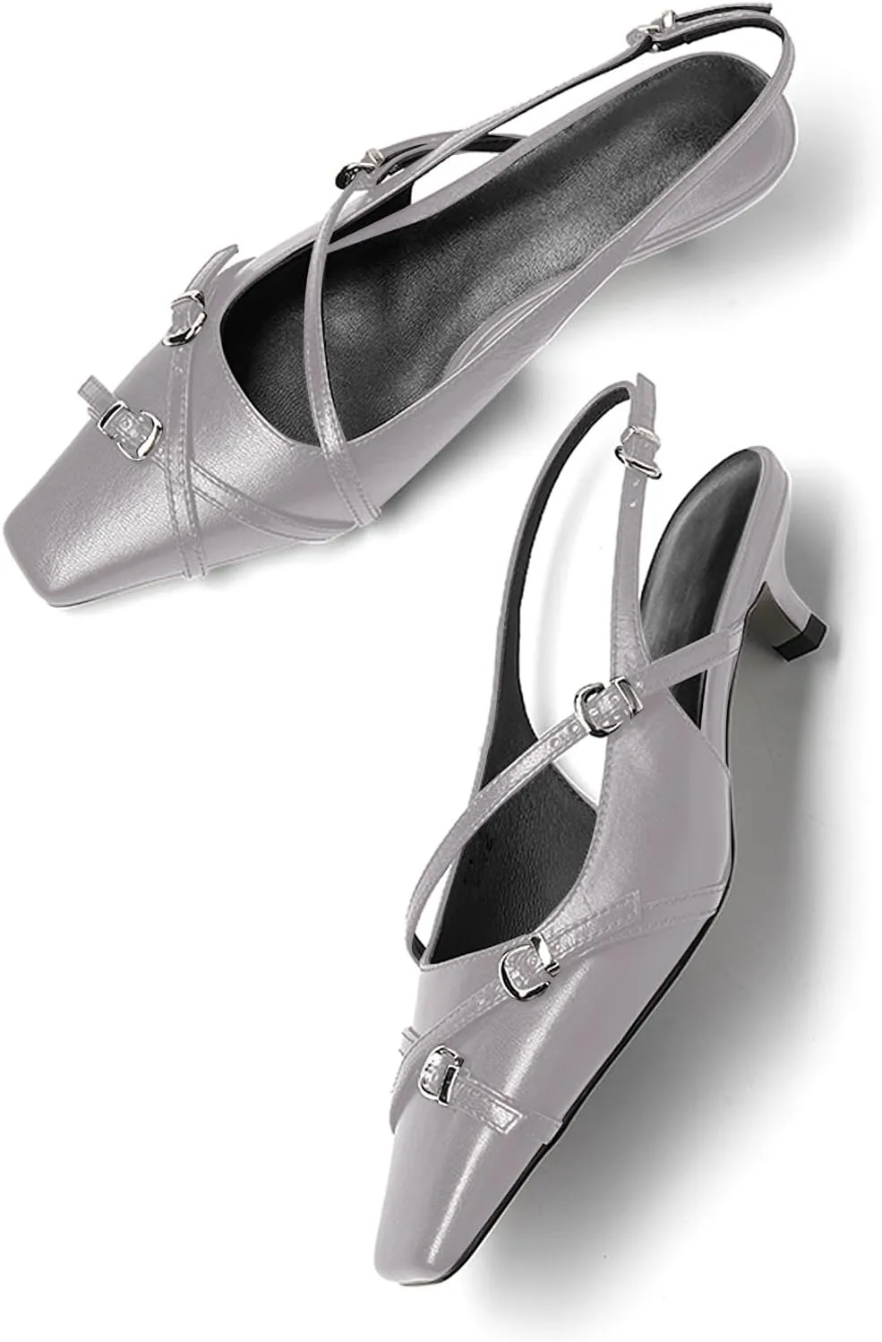 LEMUTISME Women's Stylish Matte Leather Square Toe Buckled Dressy Low Kitten Heel Chic Strappy Slingback Pumps Shoes