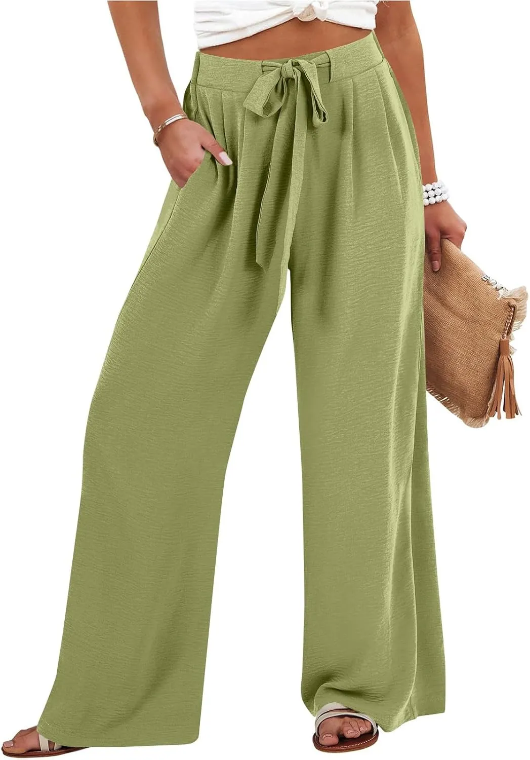 Linen Pants Women High Waisted Wide Leg Work Pants Business Casual Formal Pull On Dress Pants with Pockets Slacks