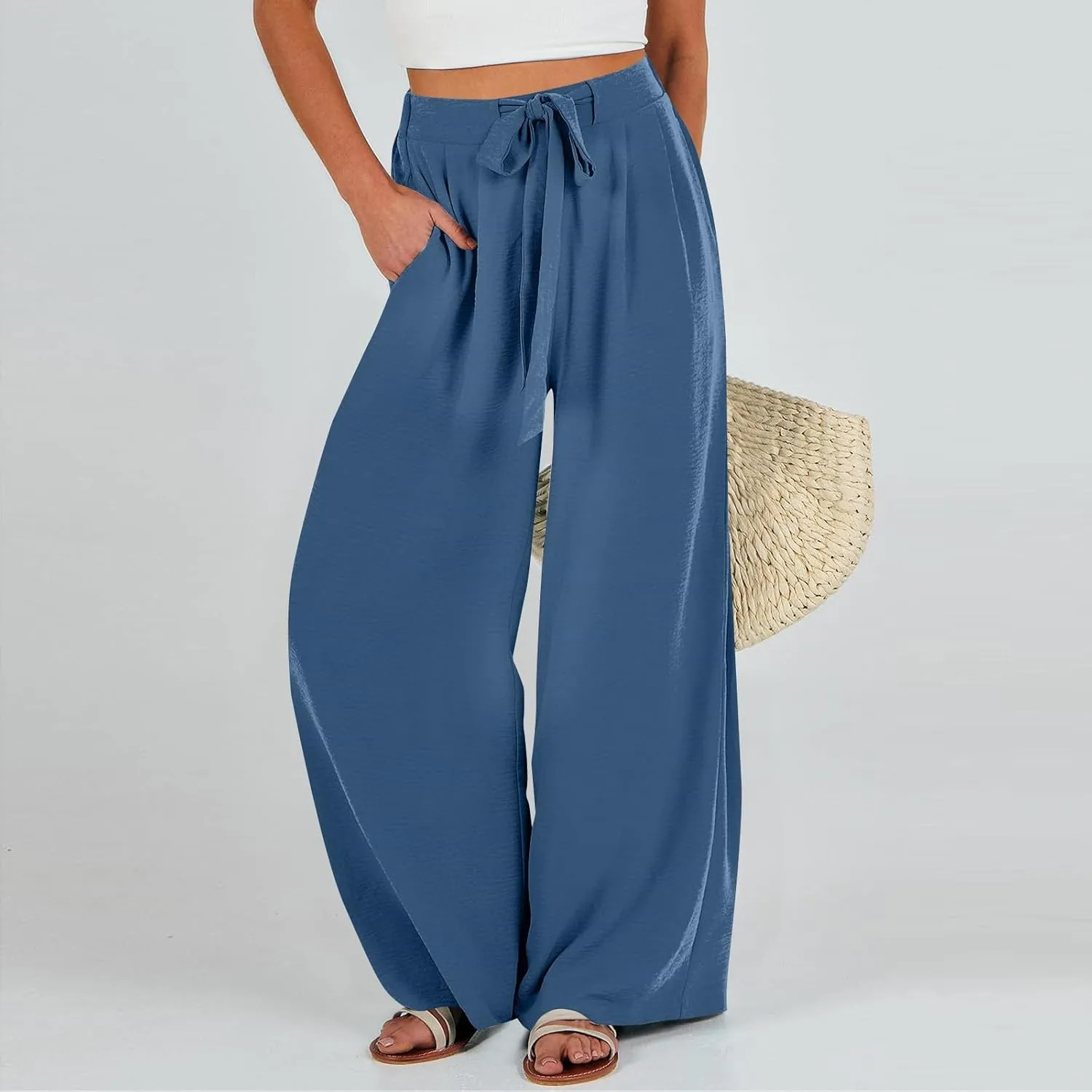 Linen Pants Women High Waisted Wide Leg Work Pants Business Casual Formal Pull On Dress Pants with Pockets Slacks
