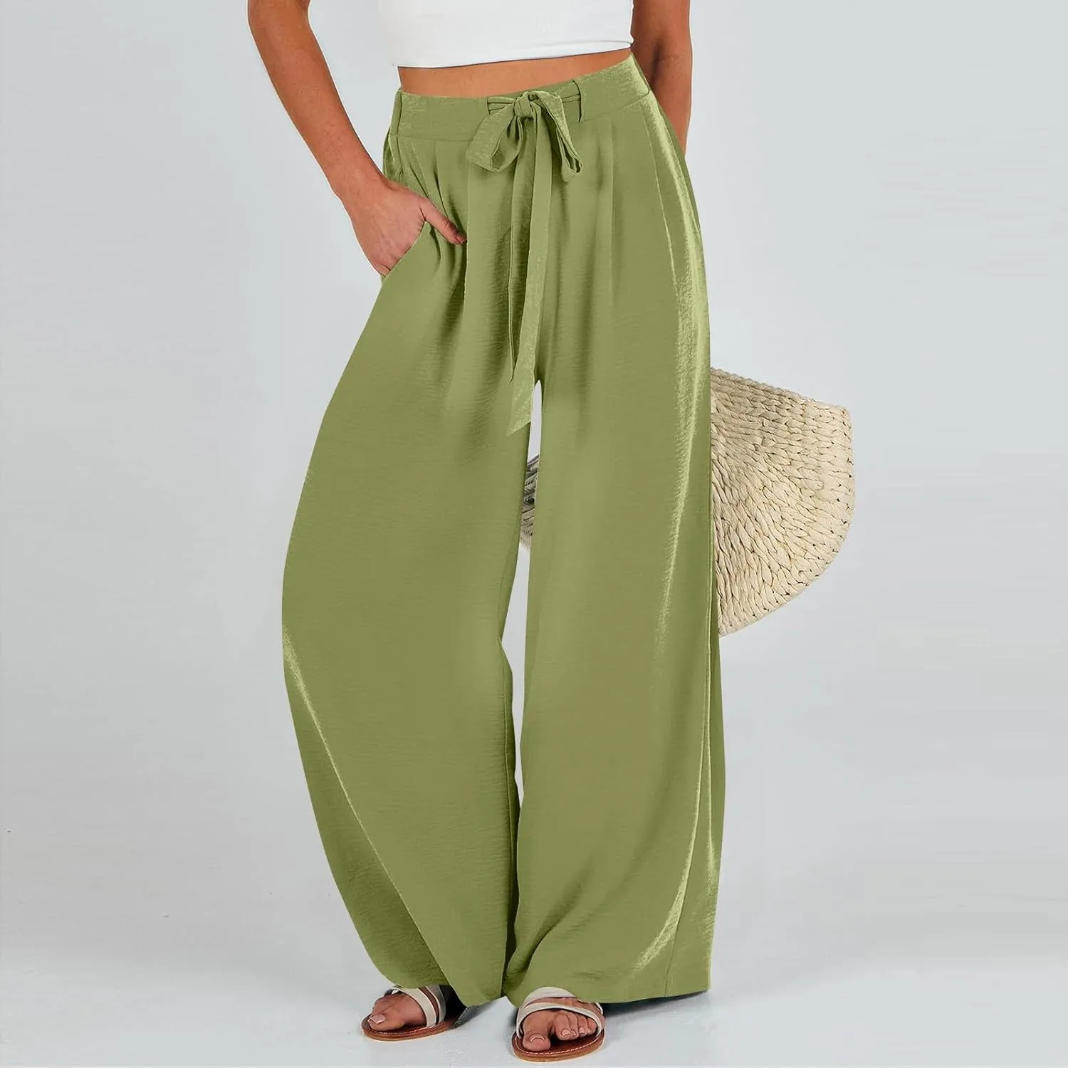 Linen Pants Women High Waisted Wide Leg Work Pants Business Casual Formal Pull On Dress Pants with Pockets Slacks