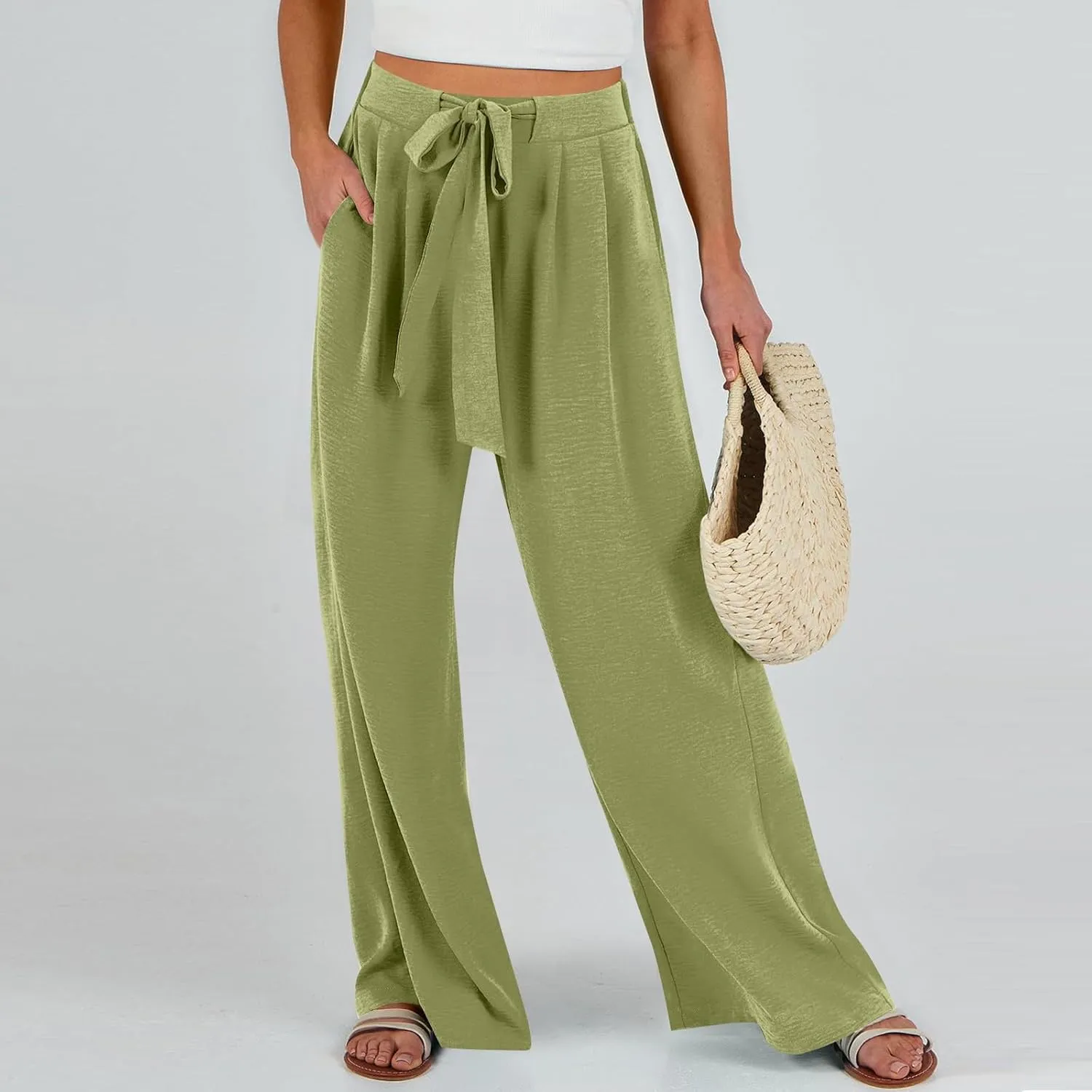 Linen Pants Women High Waisted Wide Leg Work Pants Business Casual Formal Pull On Dress Pants with Pockets Slacks