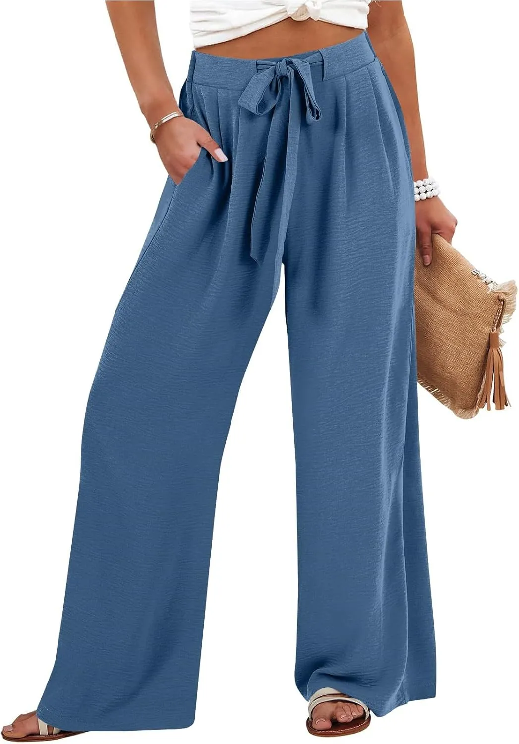Linen Pants Women High Waisted Wide Leg Work Pants Business Casual Formal Pull On Dress Pants with Pockets Slacks