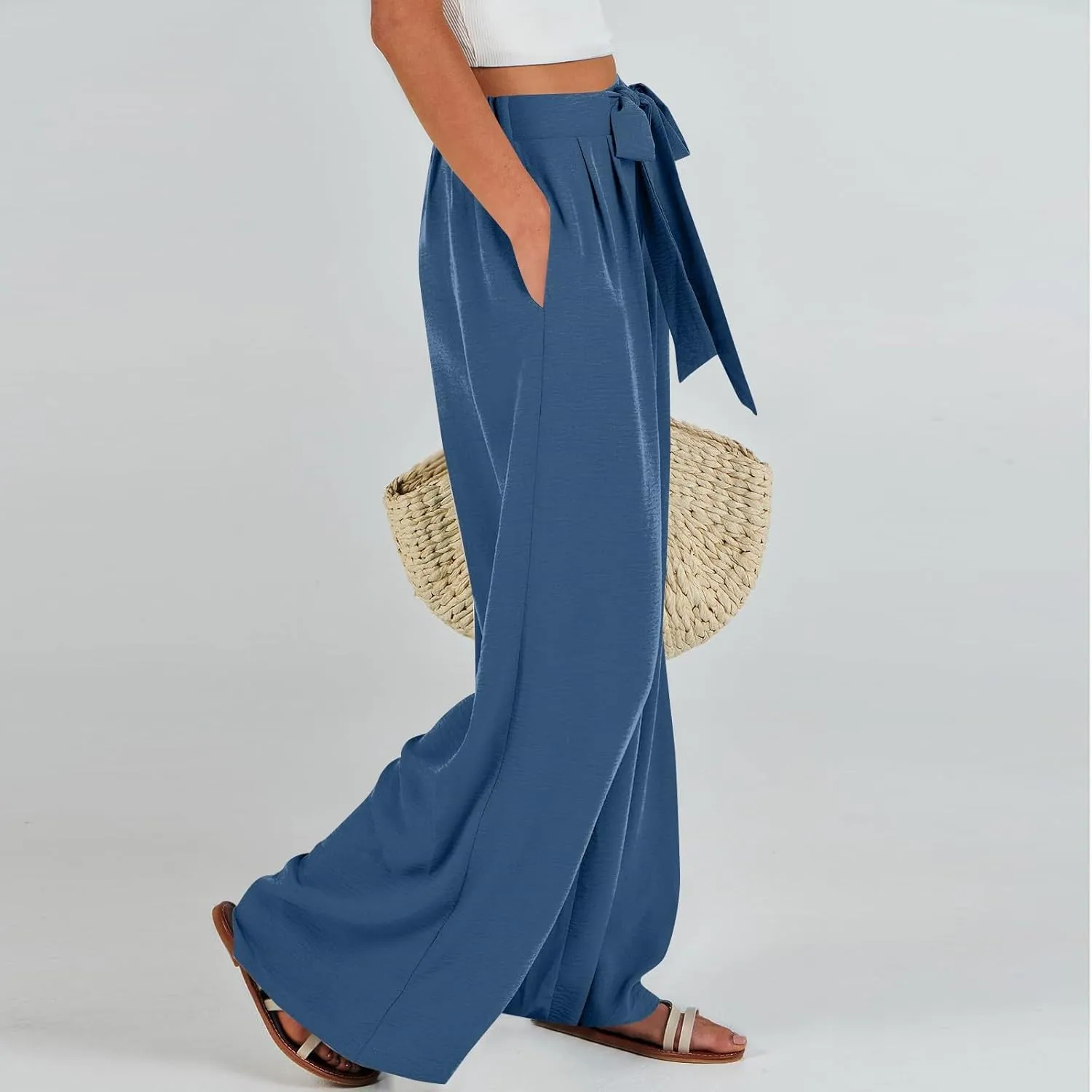 Linen Pants Women High Waisted Wide Leg Work Pants Business Casual Formal Pull On Dress Pants with Pockets Slacks