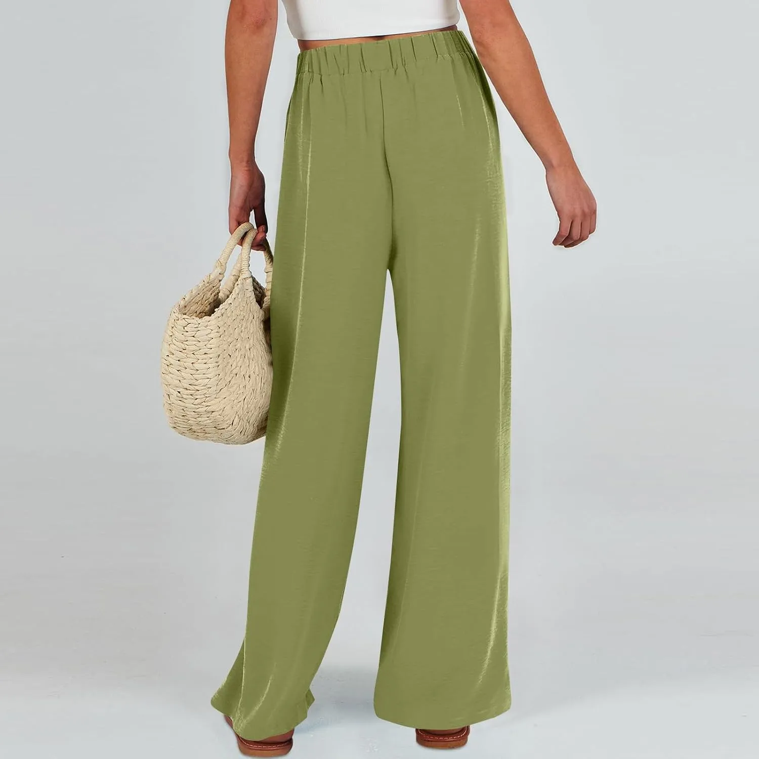 Linen Pants Women High Waisted Wide Leg Work Pants Business Casual Formal Pull On Dress Pants with Pockets Slacks