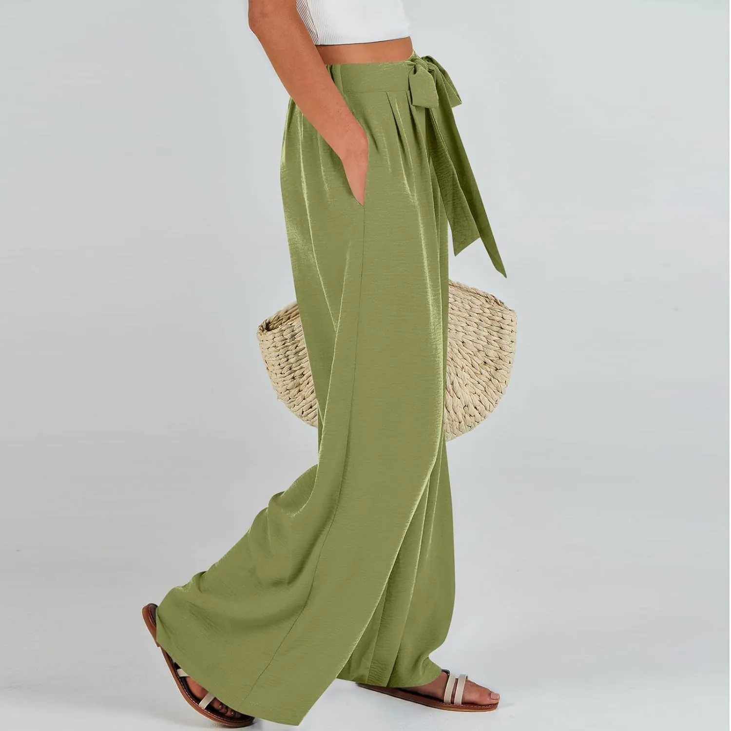 Linen Pants Women High Waisted Wide Leg Work Pants Business Casual Formal Pull On Dress Pants with Pockets Slacks