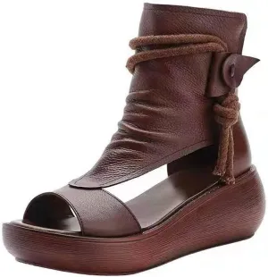 LIZAL Women's High Top Leather Sandals Fashion Open Toe Hollow Out Fish Mouth Roman Summer Casual Orthotic Zipper Sandals Wedge Platform Anti Slip Shoes (Color : Brown, Size : 8 US)