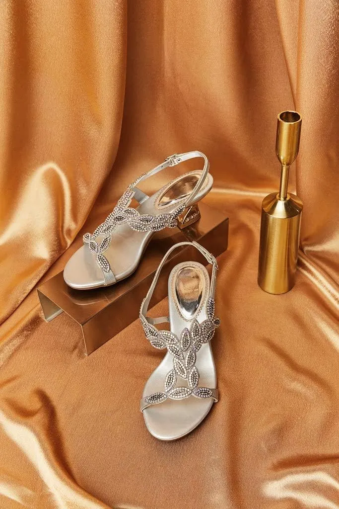 LizFoYa Women Elegant Metal Evening Heels Rhinestones Dress Sandals Chunky Mid Heels