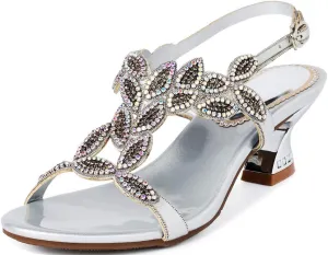 LizFoYa Women Elegant Metal Evening Heels Rhinestones Dress Sandals Chunky Mid Heels