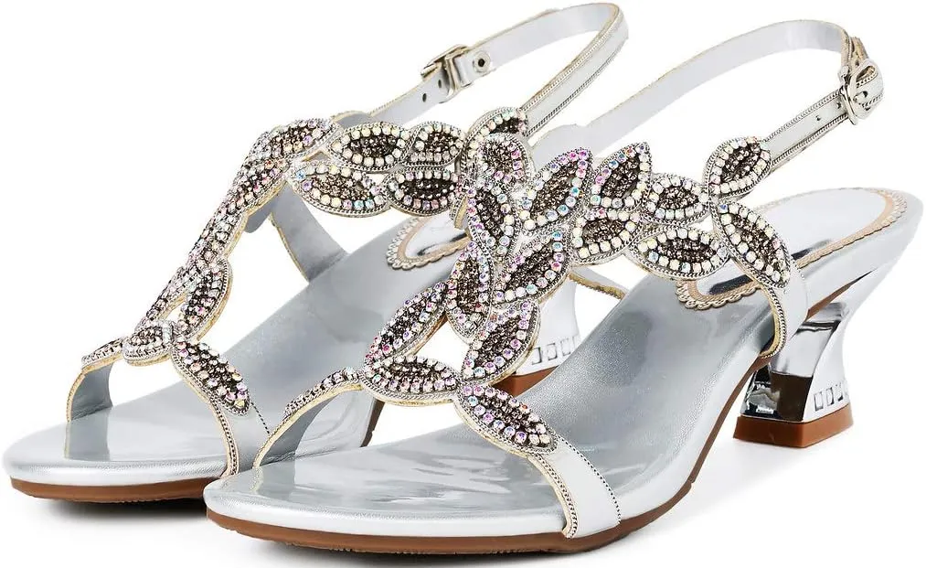 LizFoYa Women Elegant Metal Evening Heels Rhinestones Dress Sandals Chunky Mid Heels