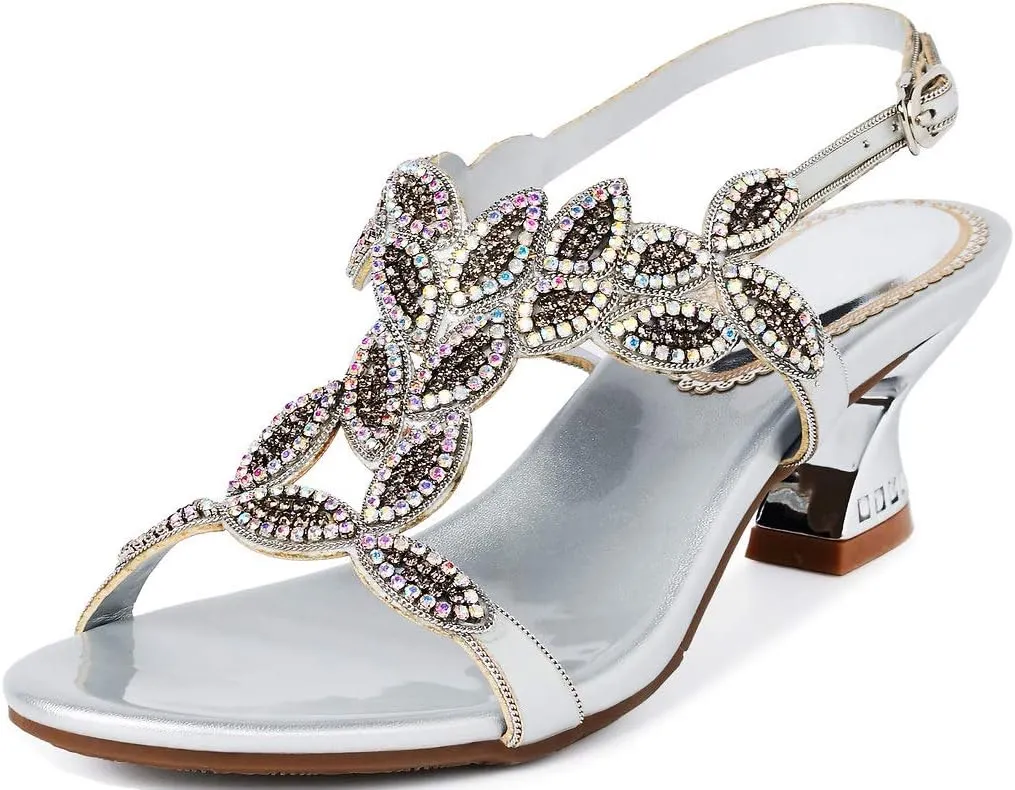 LizFoYa Women Elegant Metal Evening Heels Rhinestones Dress Sandals Chunky Mid Heels