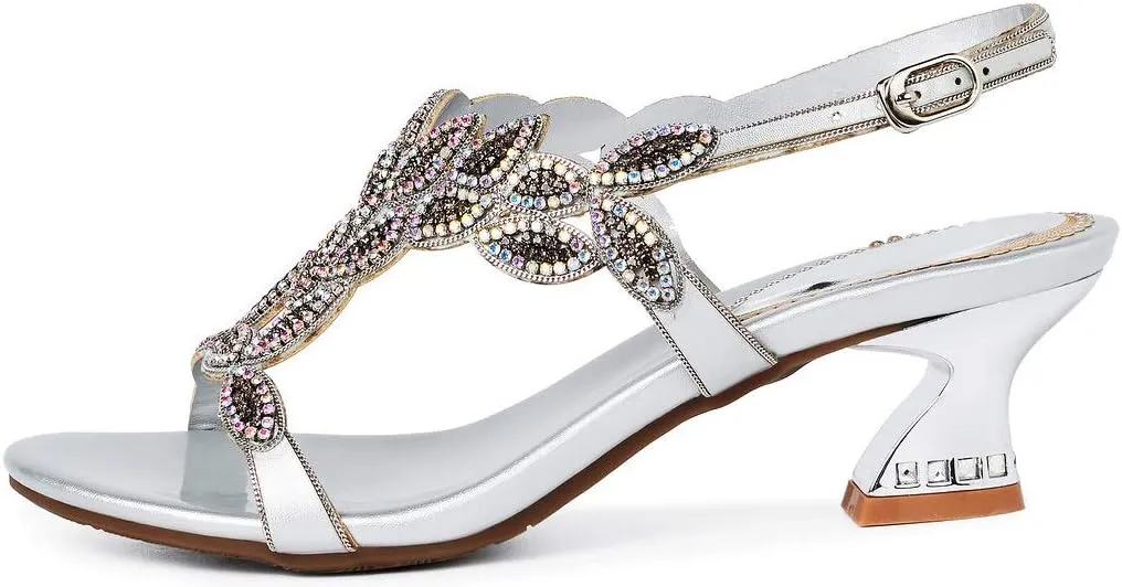 LizFoYa Women Elegant Metal Evening Heels Rhinestones Dress Sandals Chunky Mid Heels