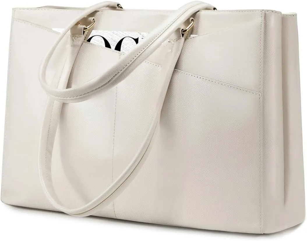LOVEVOOK Laptop Bag for Women 15.6 Inch Tote Bags Waterproof Leather Briefcase Computer Women Business Office Work Bag,Beige