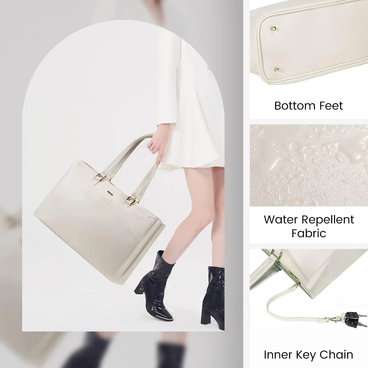LOVEVOOK Laptop Bag for Women 15.6 Inch Tote Bags Waterproof Leather Briefcase Computer Women Business Office Work Bag,Beige