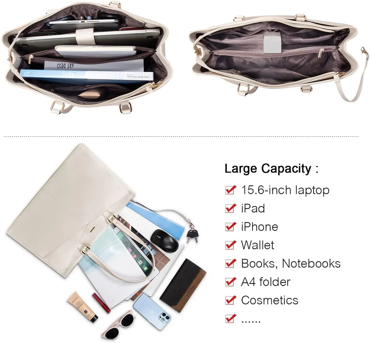 LOVEVOOK Laptop Bag for Women 15.6 Inch Tote Bags Waterproof Leather Briefcase Computer Women Business Office Work Bag,Beige
