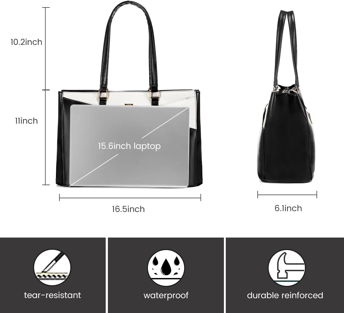 LOVEVOOK Laptop Bag for Women 15.6 Inch Tote Bags Waterproof Leather Briefcase Computer Women Business Office Work Bag,Black-White