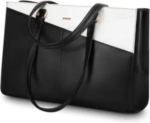 LOVEVOOK Laptop Bag for Women 15.6 Inch Tote Bags Waterproof Leather Briefcase Computer Women Business Office Work Bag,Black-White