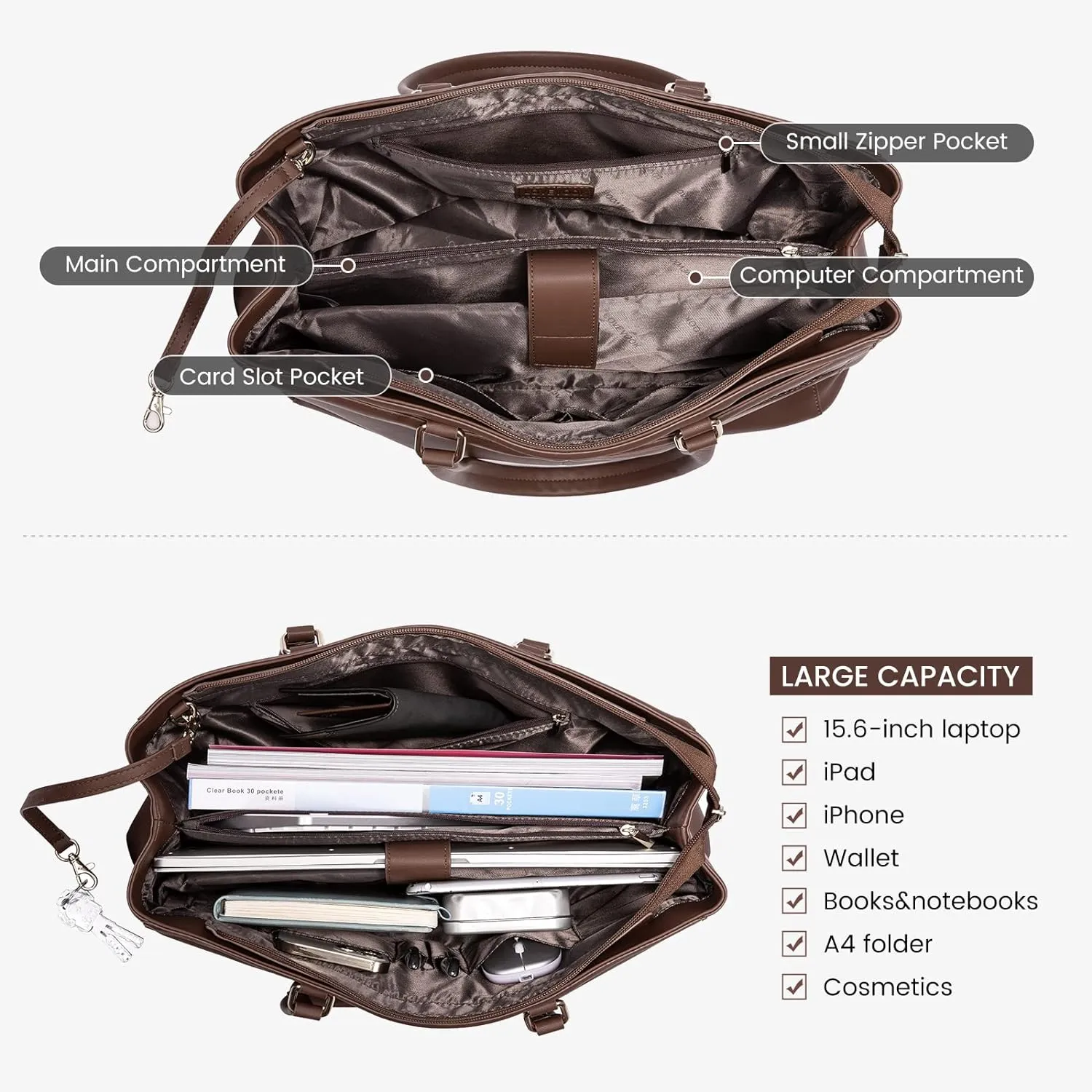LOVEVOOK Laptop Bag for Women 15.6 Inch Tote Bags Waterproof Leather Briefcase Computer Women Business Office Work Bag,Dark Brown