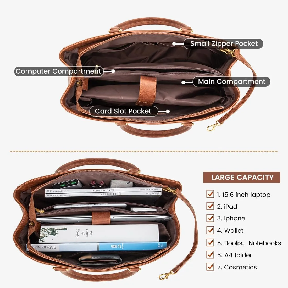 LOVEVOOK Laptop Bag for Women 15.6 Inch Tote Bags Waterproof Leather Briefcase Computer Women Business Office Work Bag,Vintage Brown