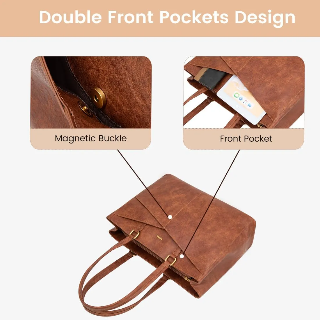LOVEVOOK Laptop Bag for Women 15.6 Inch Tote Bags Waterproof Leather Briefcase Computer Women Business Office Work Bag,Vintage Brown