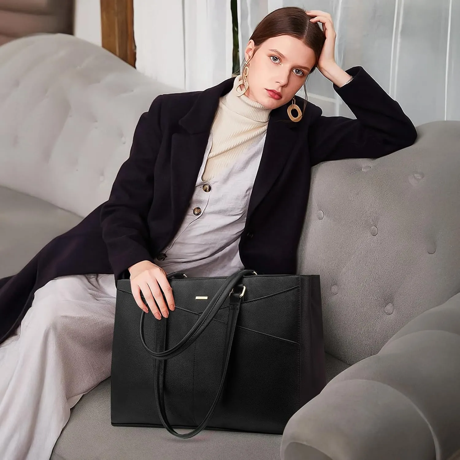 LOVEVOOK Laptop Tote Bag for Women 15.6 Inch Waterproof Leather Computer Bags Business Office Work Briefcase Black