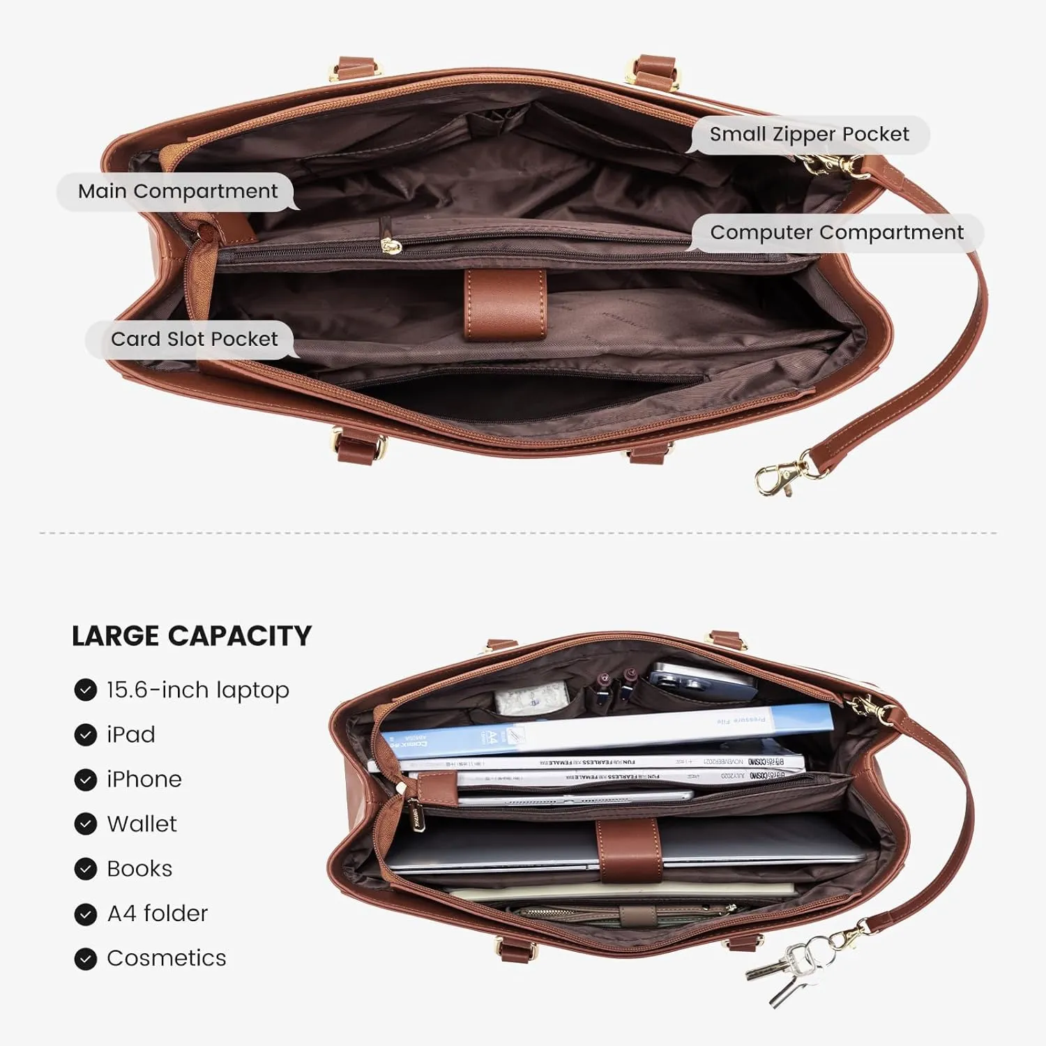 LOVEVOOK Laptop Tote Bag for Women, Office Work Bag Briefcase fit for 15.6 inch Laptop, Large Capacity Teacher Computer Bag Handbag Brown/Apricot/Beige