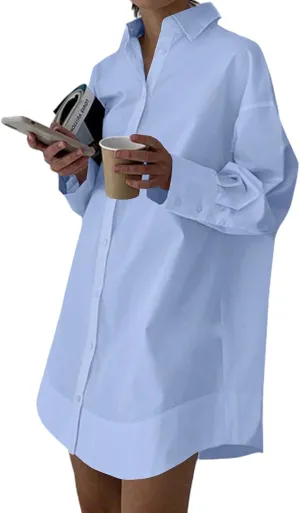 LYANER Women's Casual Shirt Dress Collar V Neck Button Down Loose Long Sleeve Mini Dresses