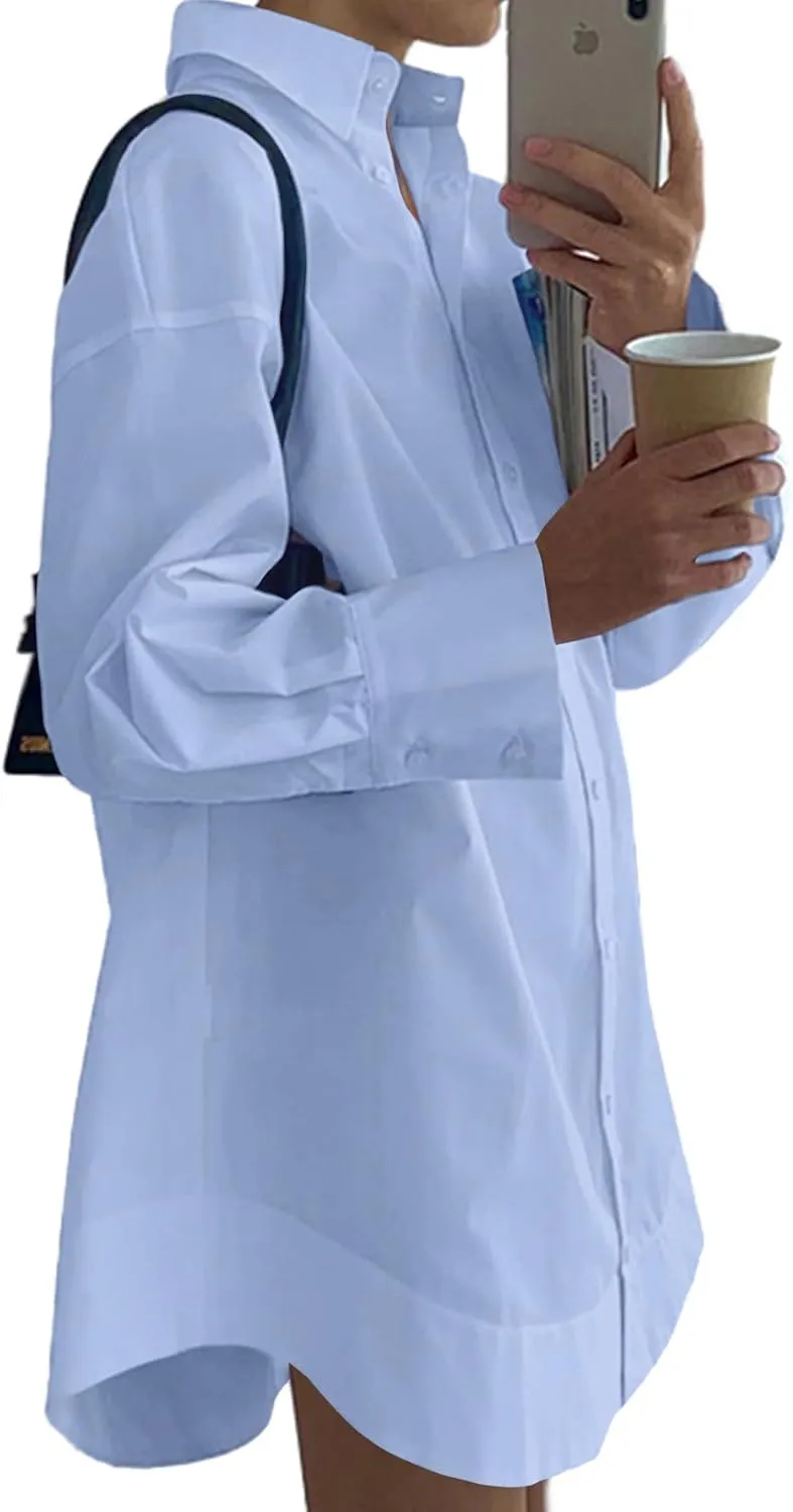LYANER Women's Casual Shirt Dress Collar V Neck Button Down Loose Long Sleeve Mini Dresses