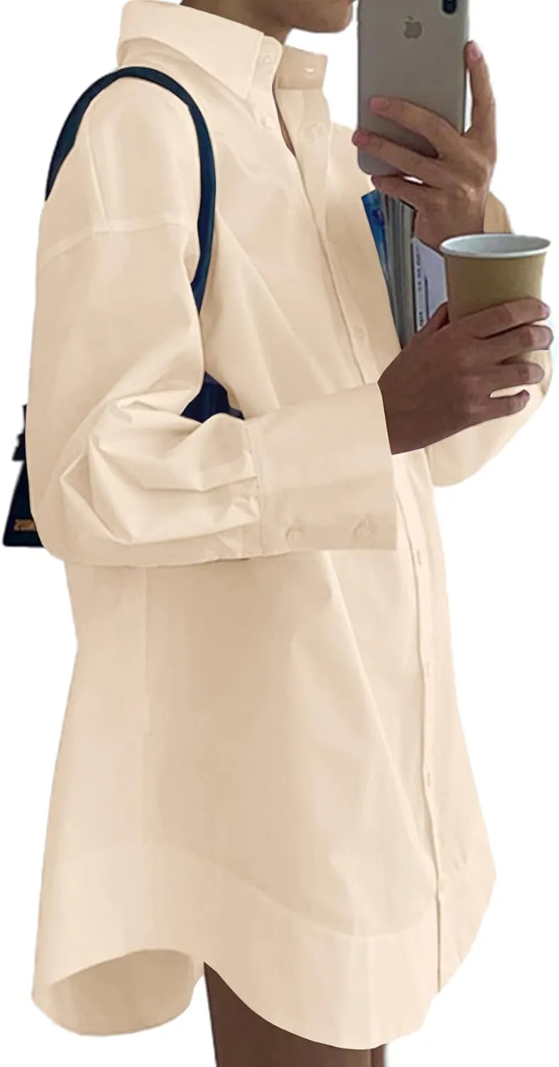LYANER Women's Casual Shirt Dress Collar V Neck Button Down Loose Long Sleeve Mini Dresses