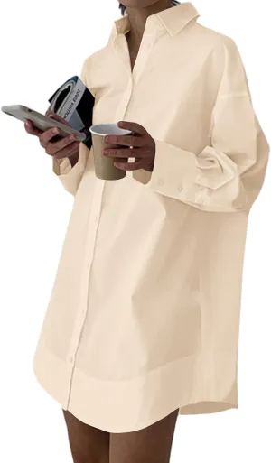LYANER Women's Casual Shirt Dress Collar V Neck Button Down Loose Long Sleeve Mini Dresses