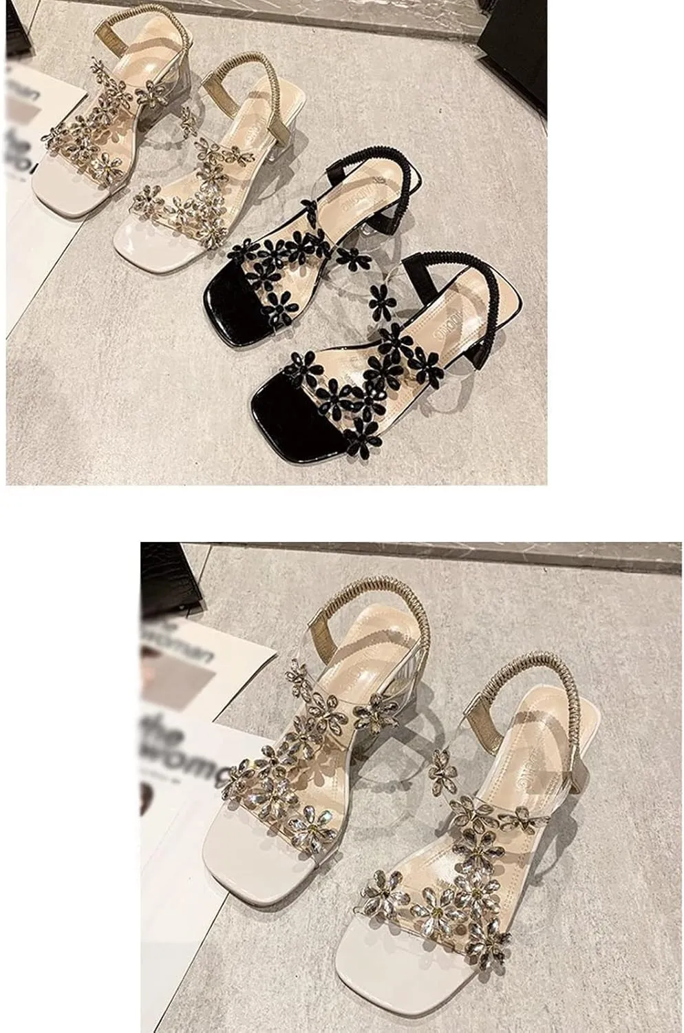 Lymphvity Women Rhinestone Flower Clear Block Heel Sandals,Fashion Elastic Ankle Strap Chunky High Heel Open Toe Sexy Elegant Dress Shoes Square Toe Heels Party Wedding Sandals