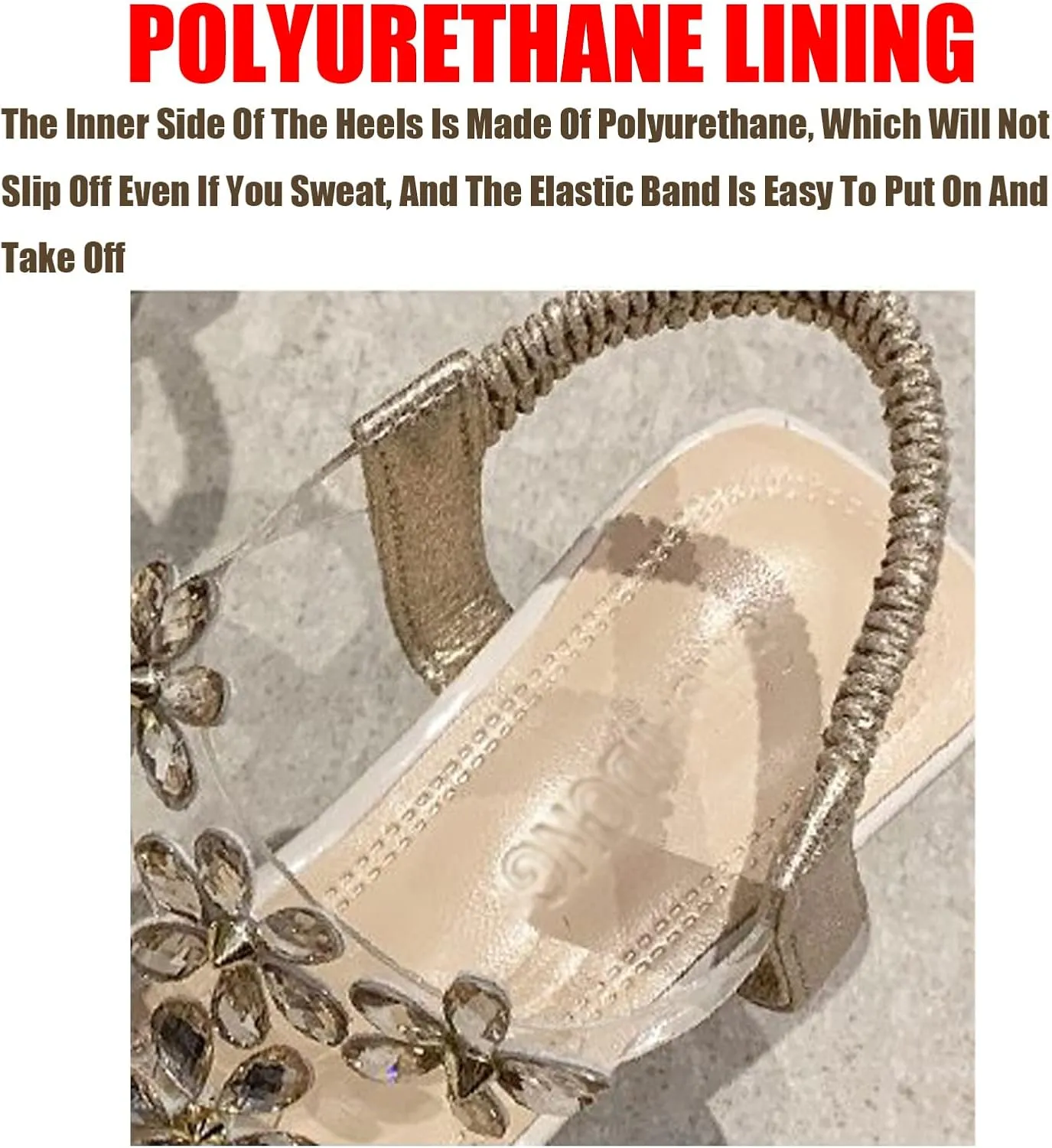 Lymphvity Women Rhinestone Flower Clear Block Heel Sandals,Fashion Elastic Ankle Strap Chunky High Heel Open Toe Sexy Elegant Dress Shoes Square Toe Heels Party Wedding Sandals
