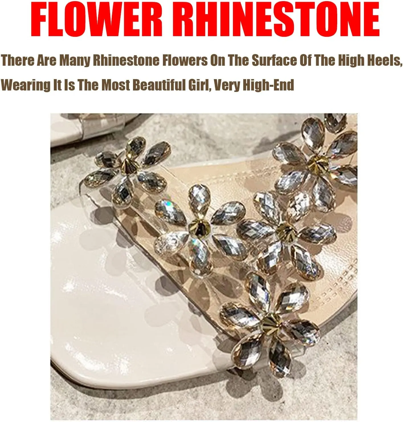 Lymphvity Women Rhinestone Flower Clear Block Heel Sandals,Fashion Elastic Ankle Strap Chunky High Heel Open Toe Sexy Elegant Dress Shoes Square Toe Heels Party Wedding Sandals