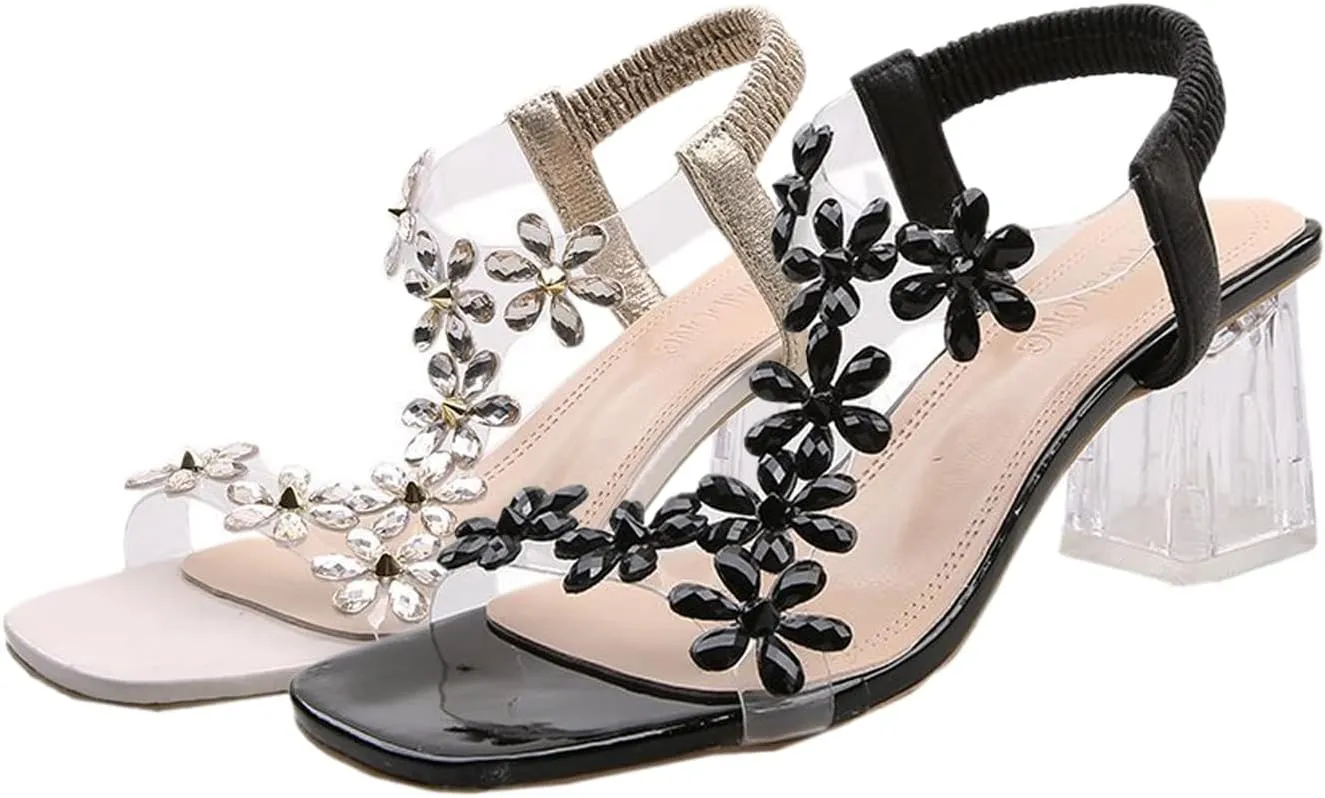 Lymphvity Women Rhinestone Flower Clear Block Heel Sandals,Fashion Elastic Ankle Strap Chunky High Heel Open Toe Sexy Elegant Dress Shoes Square Toe Heels Party Wedding Sandals