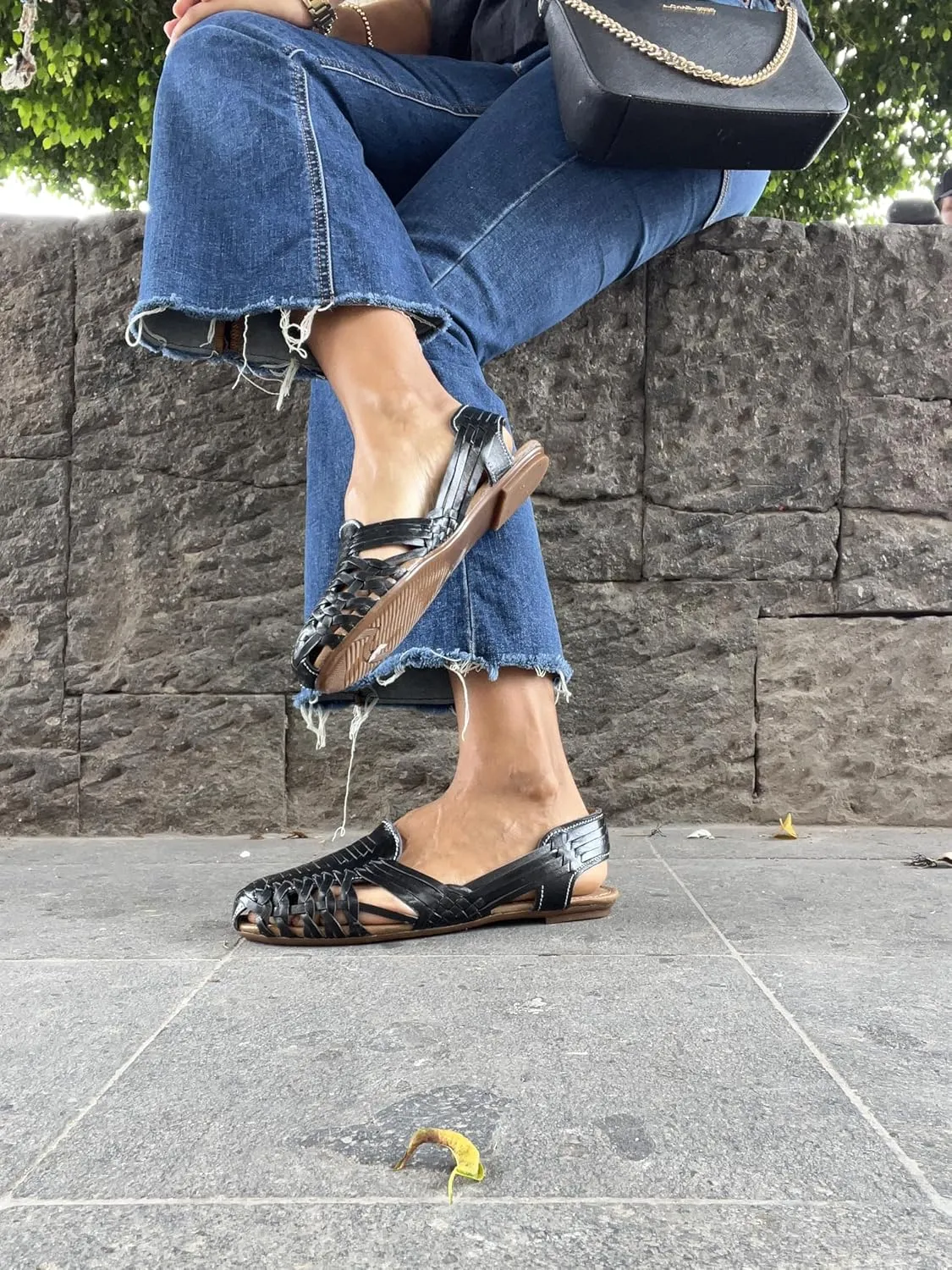 Macarena Collection Sandals women Huarache Sandal Colorful Leather Mexican Style Color Black 078