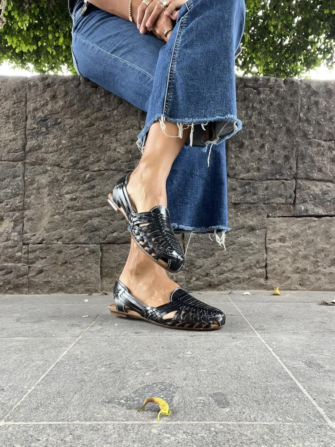 Macarena Collection Sandals women Huarache Sandal Colorful Leather Mexican Style Color Black 078
