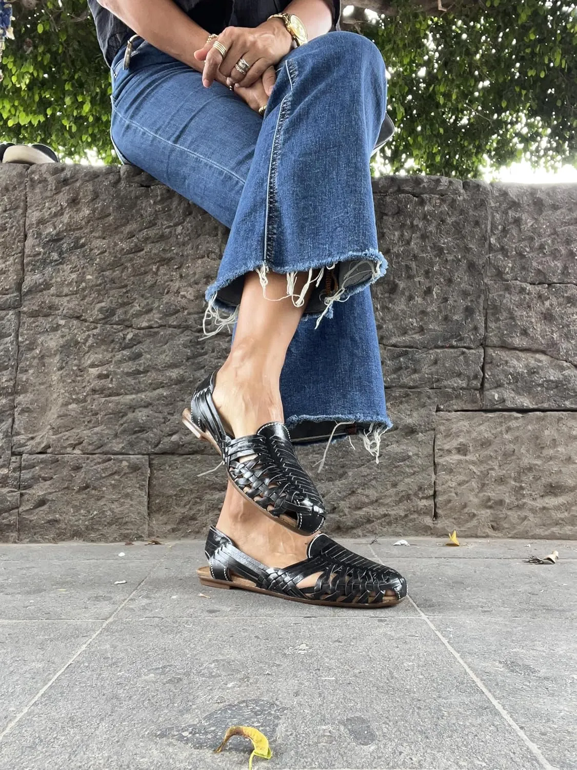 Macarena Collection Sandals women Huarache Sandal Colorful Leather Mexican Style Color Black 078