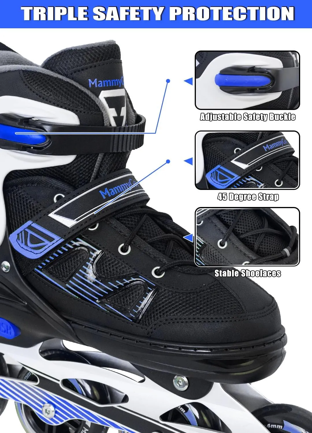 MammyGol Adult Inline Skates for Men Women, Blades Roller with Carbon Steel Bearings, TPR Brake, 3D Mesh, EVA Lining, PVC Upper | Adjustable Size for Better Fit for Skating Enthusiasts