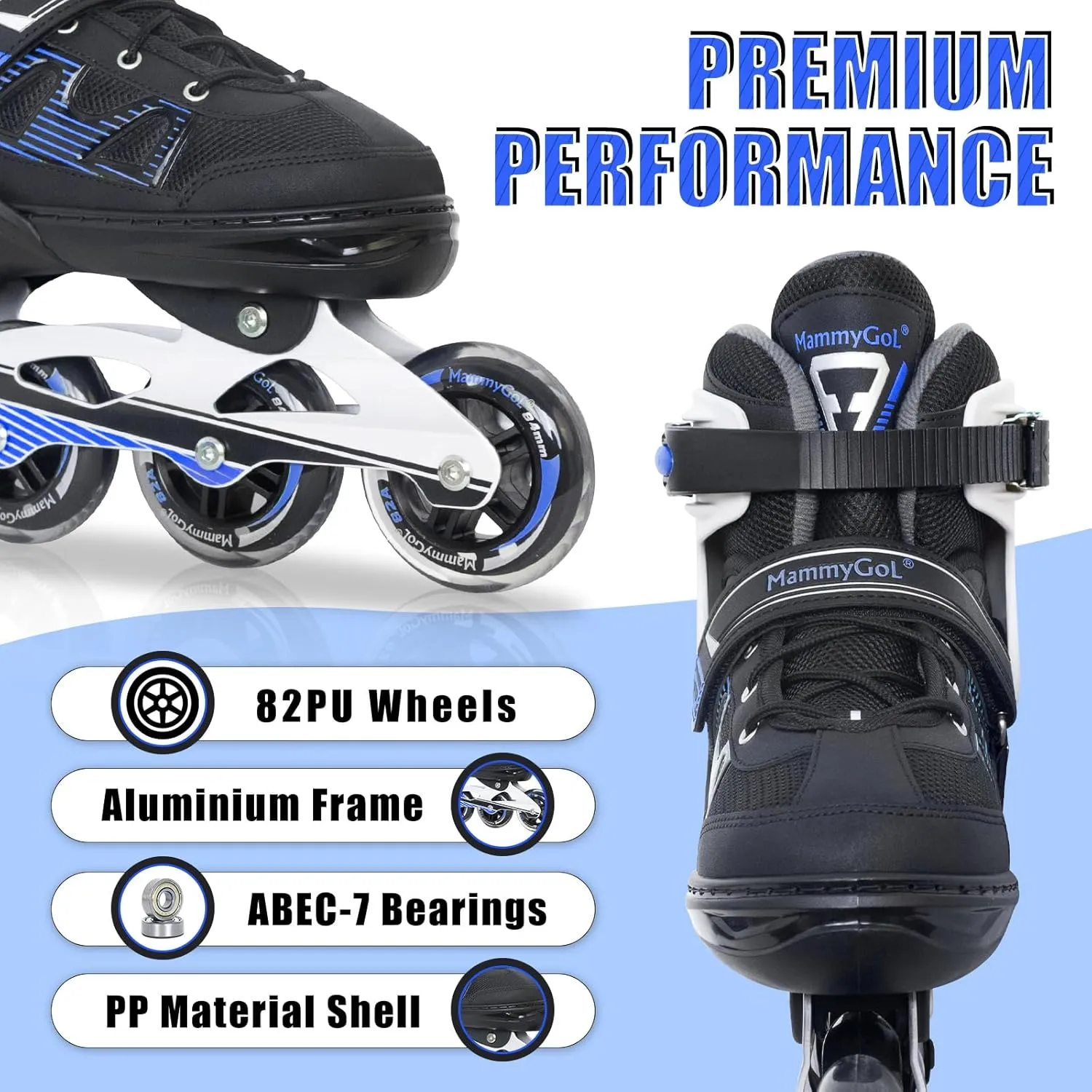 MammyGol Adult Inline Skates for Men Women, Blades Roller with Carbon Steel Bearings, TPR Brake, 3D Mesh, EVA Lining, PVC Upper | Adjustable Size for Better Fit for Skating Enthusiasts